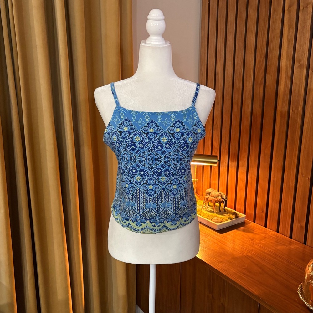 Vtg Y2K Blue Medallion Print Tie Back Camisole Top Square Neck Boho Cami